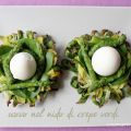 Uovo nel nido di crepe verdi, con porri,[...]