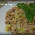 Pasta con porri e pancetta