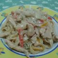 Tagliatelle con panna, funghi, pollo e peperoni