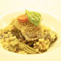 LEI: Halibut al sesamo con fregola e carciofi
