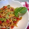 Spaghetti integrali con fave e verdure a vapore