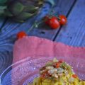 Tagliatelle con carciofi, baccalà e pomodorini